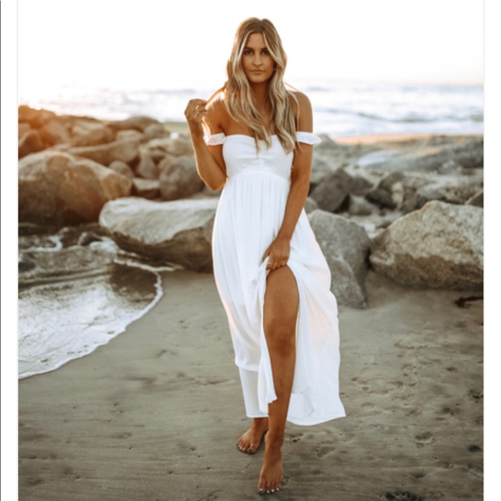 Off the Shoulder Smocked Maxi Dress - White